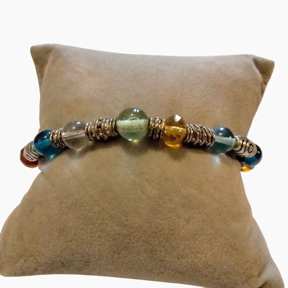 Rainbow Beaded Bracelet Multicolor Glass Beads Silver Tone Toggle Clasp 8 Inch - Picture 1 of 4